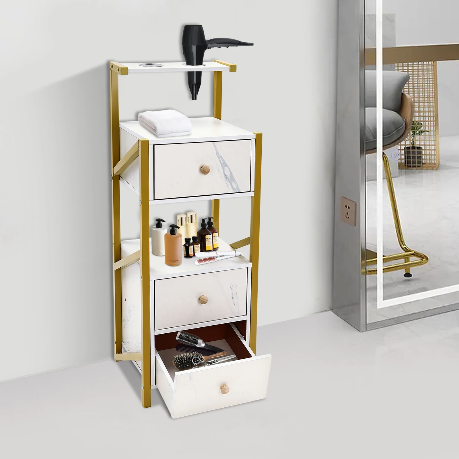 

Floor Standing Beauty Salon Station, Barber Station with 3 Drawer, Salon Storage Cabinet