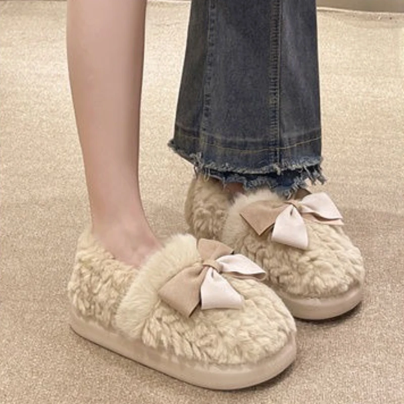 

Warm Fuzzy Cotton Slippers Women Winter Indoor Outdoor Closed Heel Bowknot Thick Sole Slip Resistant Maternity Slippers