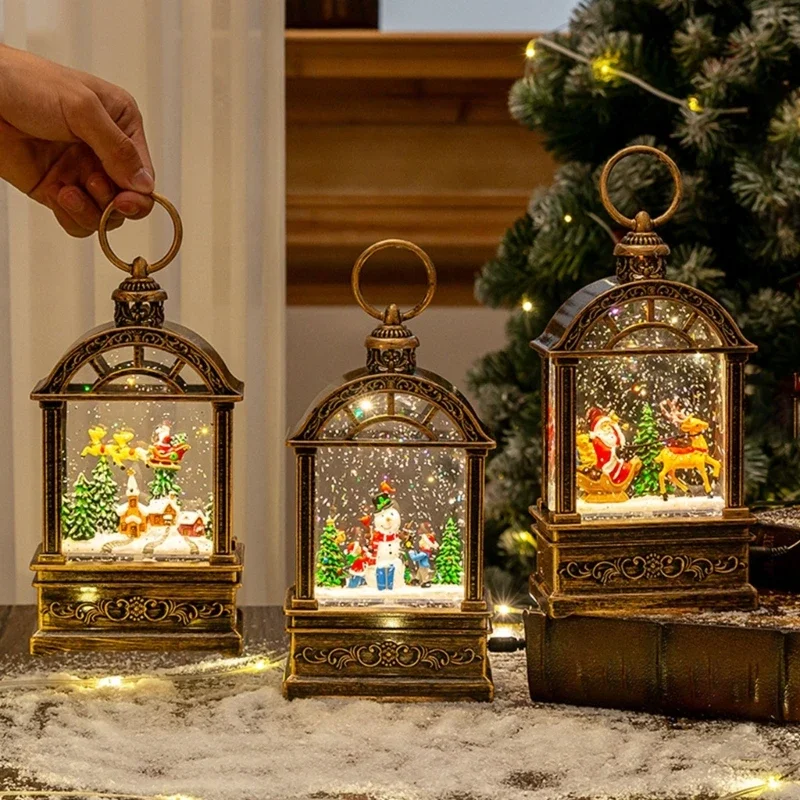Lighted Christmas Snow Lantern Decors With Water Swirling Glittering Effect, PVC Holiday Tabletop Lantern for Mantels Y5GB