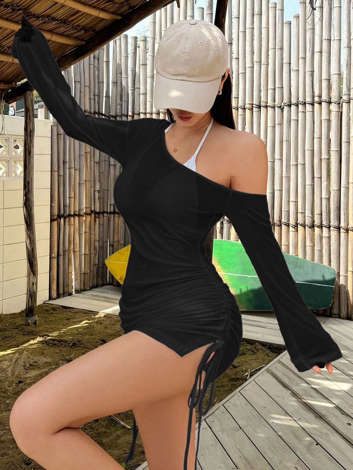 Skew Collar Solid Off-Shoulder Lace Up Durchsichtig Kordelzug Mini Sheer Kleid Sommer Frauen Sexy Perspektive Cover Up Kleid