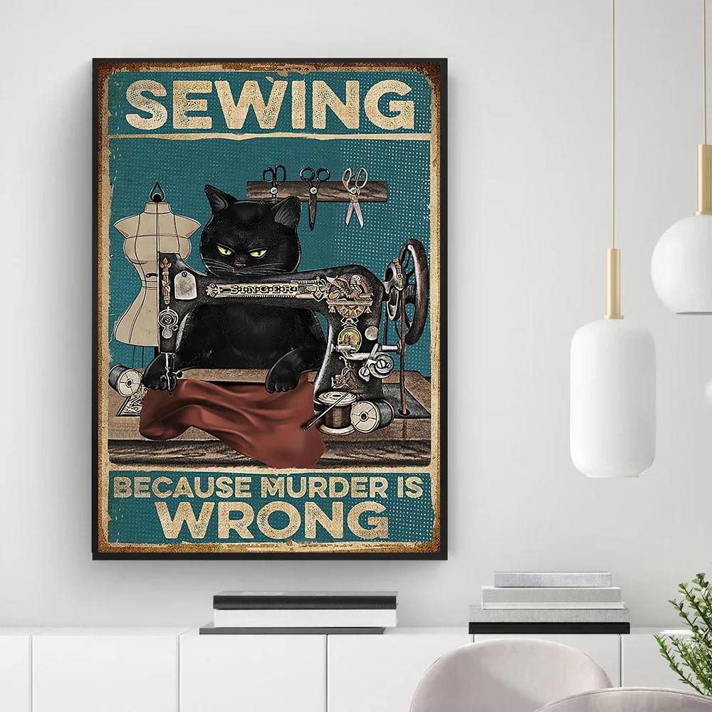 Black Cat- Sewing Because Murder Is Wrong Poster Canvas Painting Nordic Posters And Prints Wall Pictures For Living Room Decor
