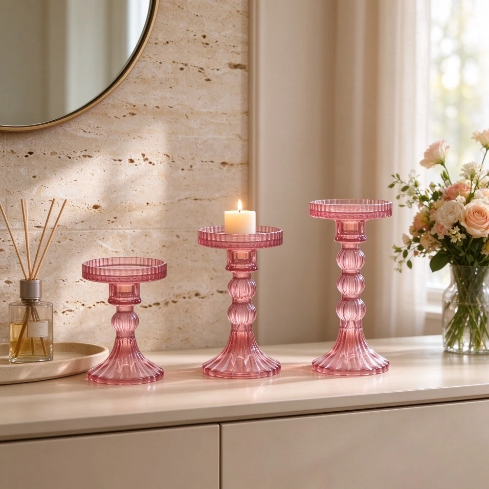3Pcs Vintage Glass Taper Candle Holders Set Tall Candlestick Stand Table Centerpiece for Wedding Dinner Party Home Decoration
