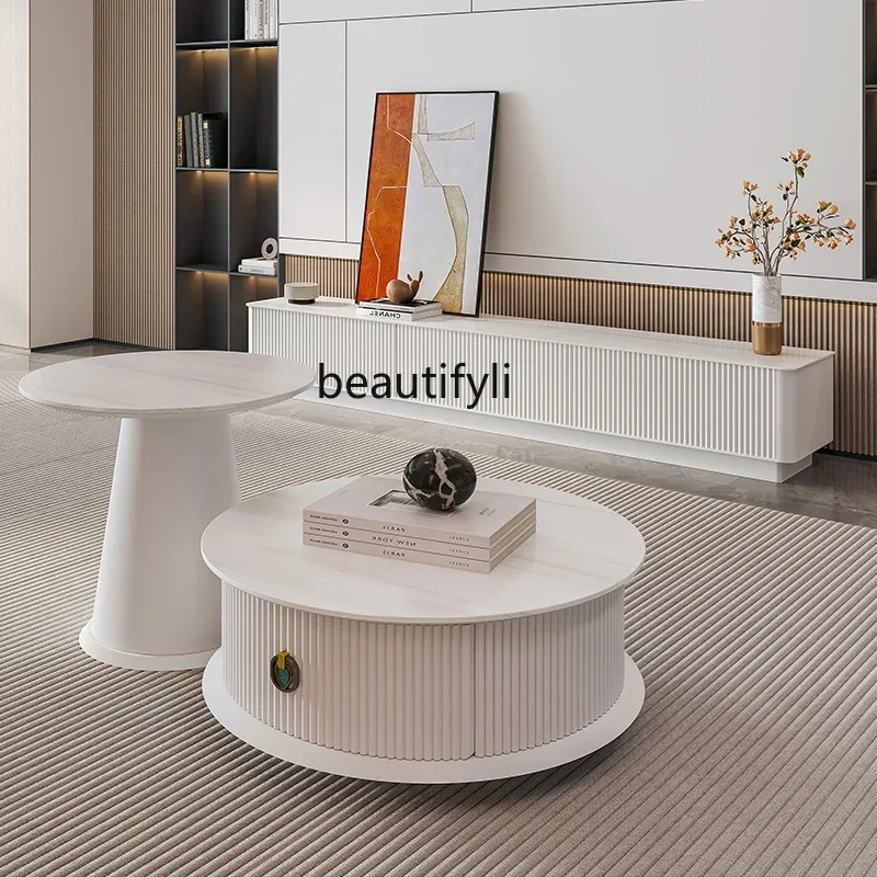

x1Light luxury cream style size round coffee table TV cabinet combination tempered glass white small apartment floor coffee tabl