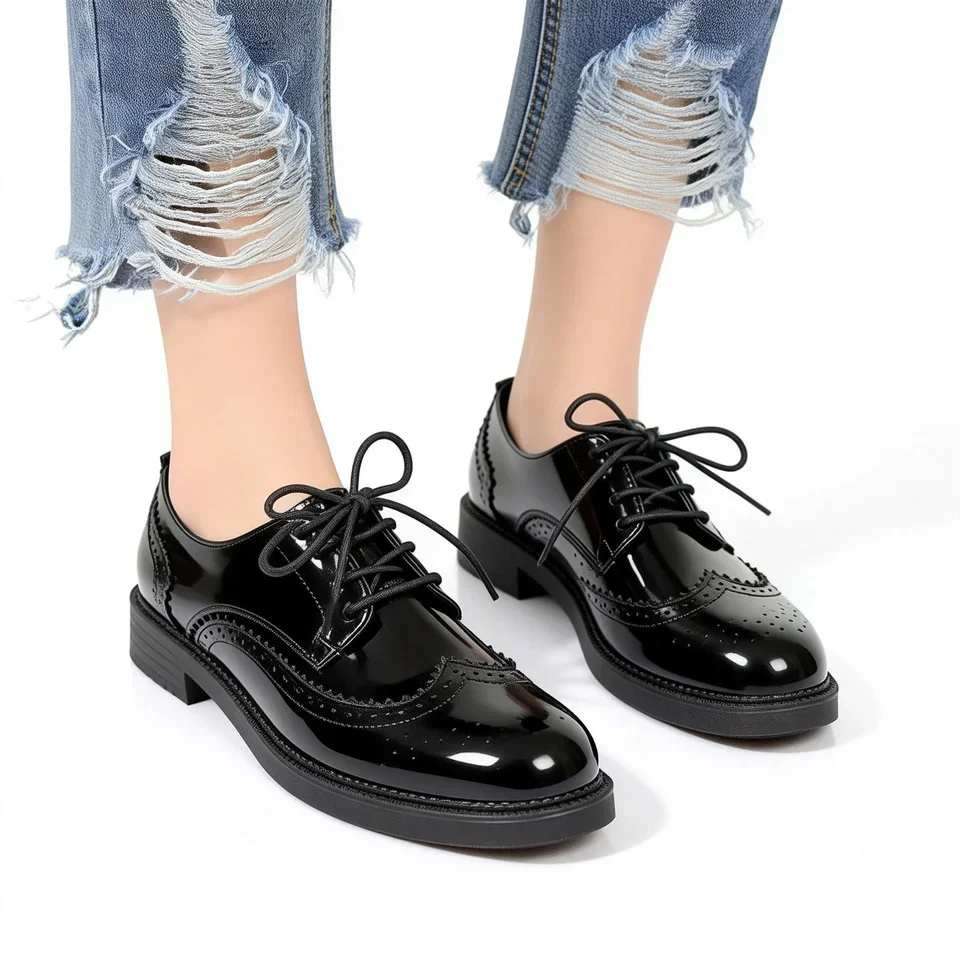 Damen Oxford Flats Brogue Leder Schwarze Büroschuhe Frühling Herbst Bequeme Außensohle Damen Ballett Derby Flats – Detail 14