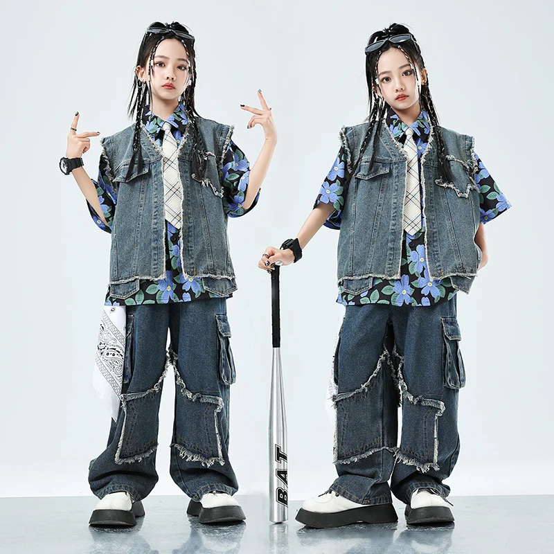 Hip Hop Girls Denim Vest Print Tshirt Jeans Boys Jazz Streetwear Dance Baggy Denim Pants Children Clothes Kids Showing Outfits