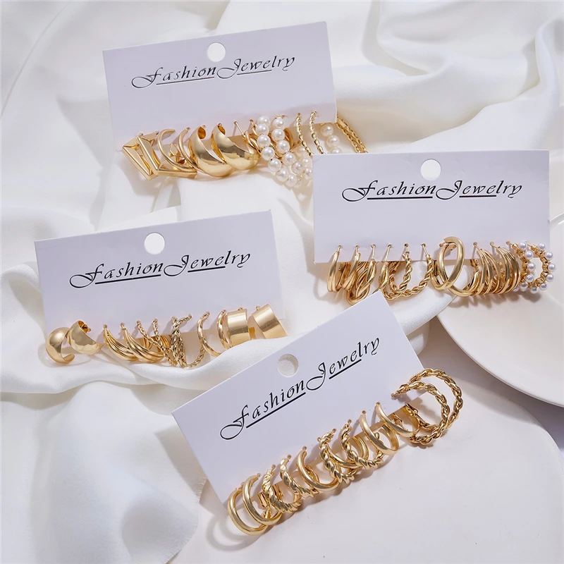 24 Pairs Gold Color Vintage Hoop Earrings Set for Women Girl Imitation Pearl Geometric Metal Twist Earring Fashion Jewelry