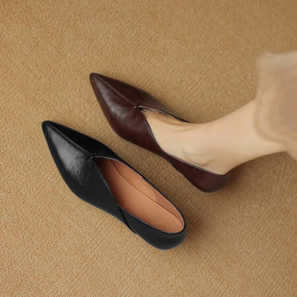 Women\'s Shoes Sharp Toe Pure Handmade with Black and Brown Leather Cowhide Material V-shaped Mouth  High Heels Women  Pumps