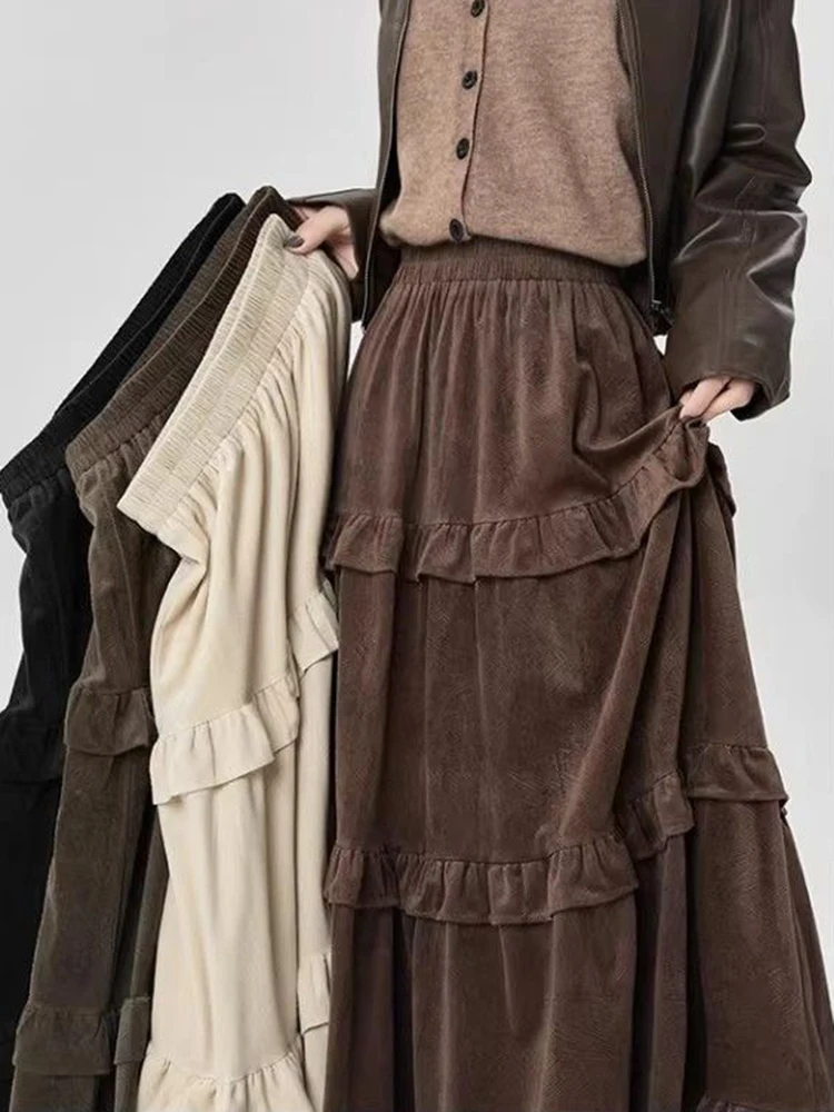 Fashion Fleece Women Midi Skirt Y2K Autumn Winter Thick Ruffled Patchwork Casual Skirt Ladies High Waist Preppy A Line Skirt New