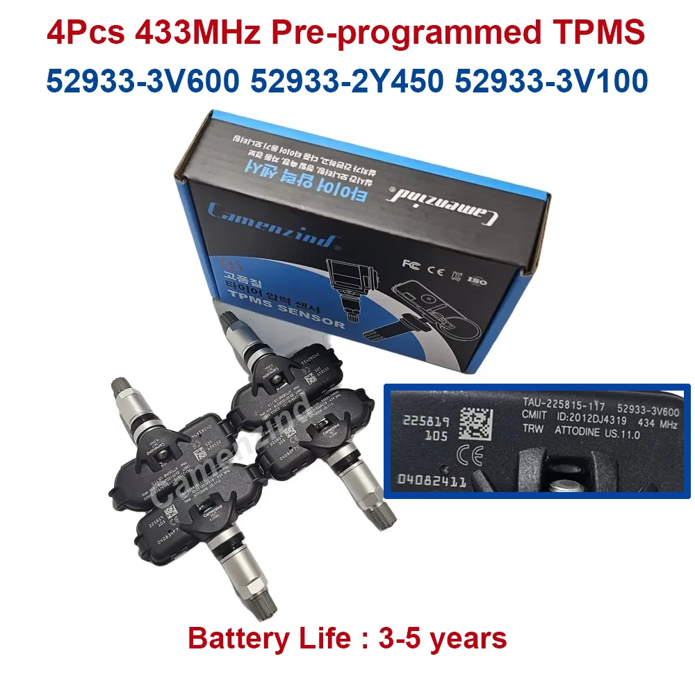 Capteur de surveillance de pression des pneus TPMS, 4 pièces, 52933-3V600 52933-3V100 52933-2Y450 529333V600 529333V100 529332Y450, pour Hyundai Grandeur [HG] I40 [VF] Kia Rio [UB] 2011-2021, 433MHz