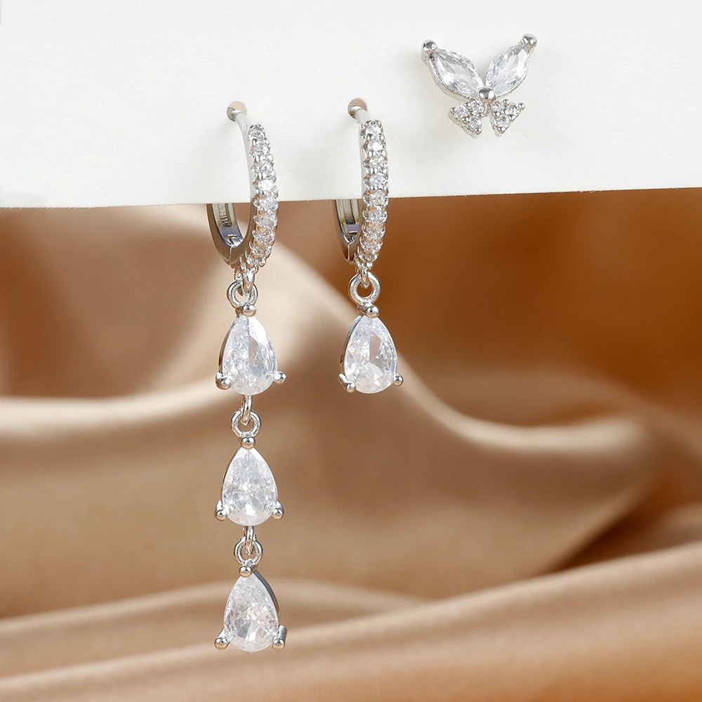 3PCS Zircon Water Drop Small Hoop Earrings Set for Women Stainless Steel Huggies Pendant Piercing Earrings Luxury Jewelry aretes
