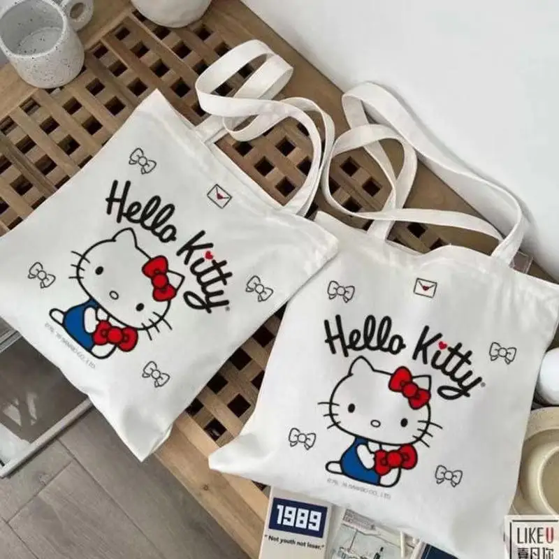 Hello Kitty Canvas Bag Sanrio Kawaii Anime Cartoon Cute Student Book Handbag Shopping Book Storage Bag Kids Toys Girls Gifts