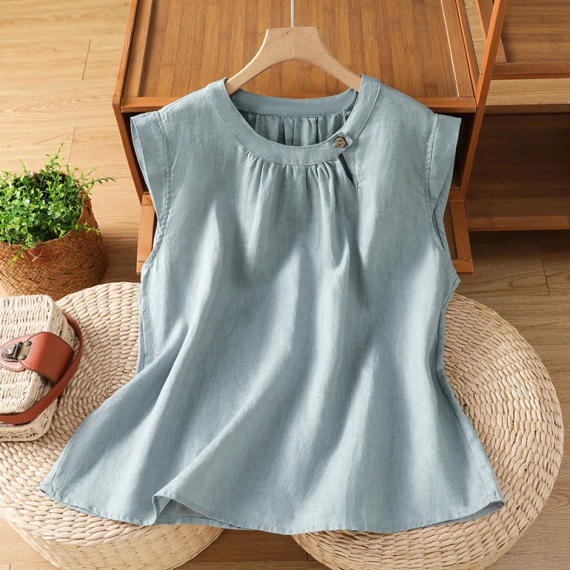 Women Blouses Solid Shirts Oversize Pleated Button Sleeveless Round Neck None Strech Loose Fit Streetwear Casual 2026 Summer