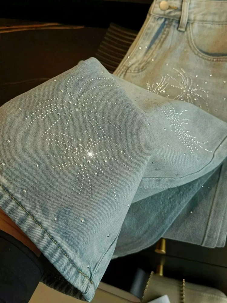 Jeans Light Color Sparkling Firework Rhinestone Summer 2026 New High Waist Washed Straight Fit Versatile Wide Leg Chic Pants