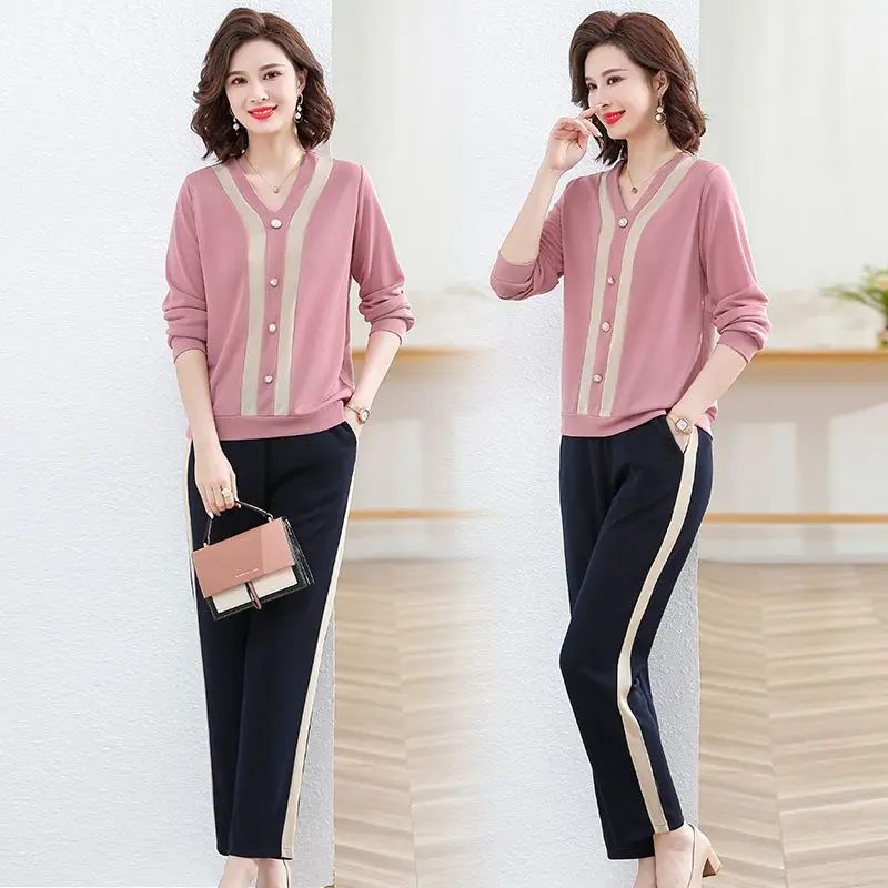 V-collar Single Breasted Spliced Tops Fashion Casual Sports Women's Spring Autumn 2024 New Two-piece Wide-leg Pants Suit T596