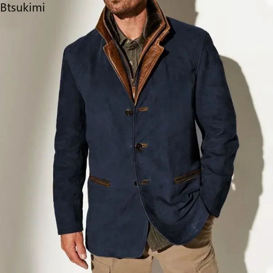 New Vintage Men Blazer Jacket 2024 Fall Winter Male Casual Classic Button-up Coat Fashion Slim England Style Lapel Men Outerwear