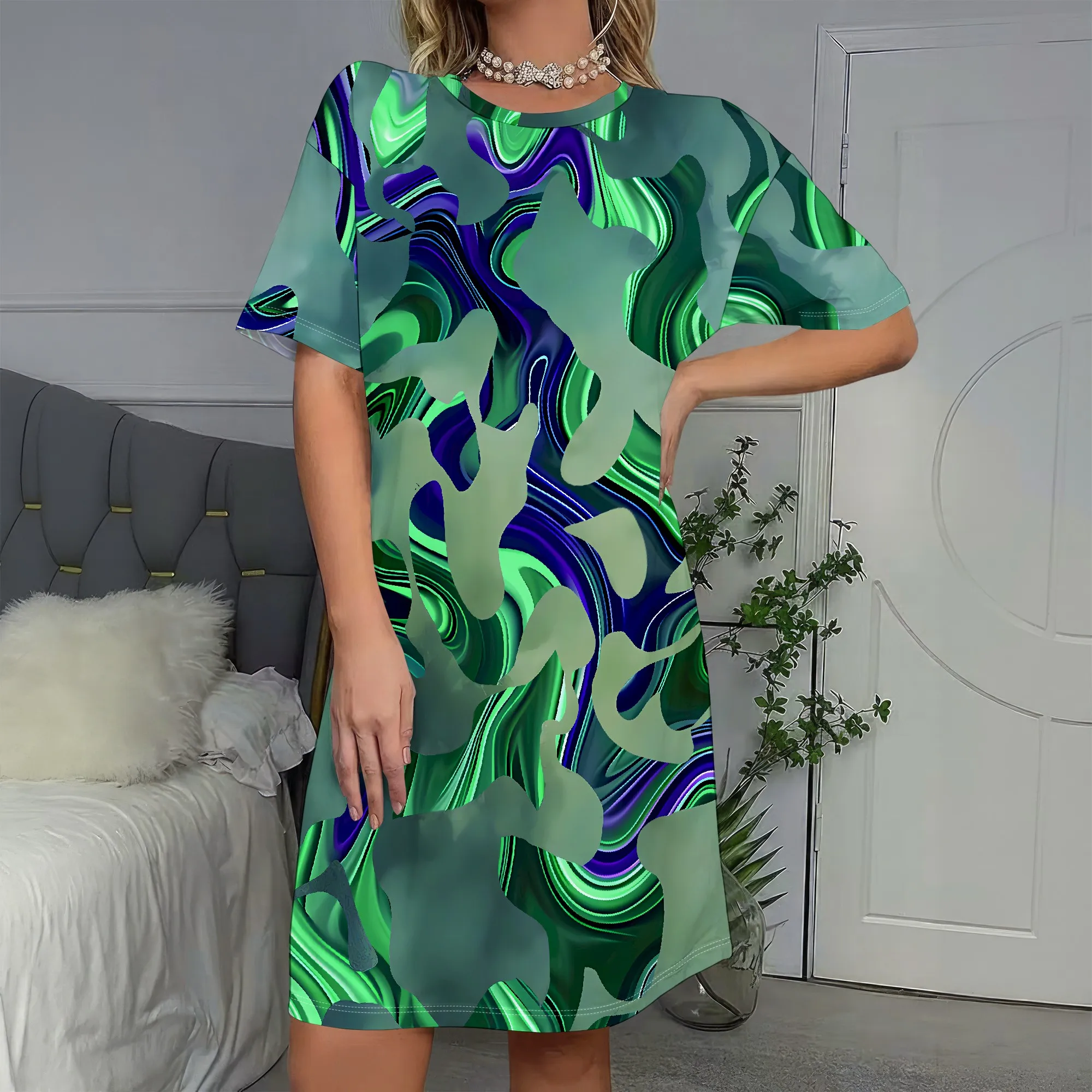 

Abstract Art Print, Short Sleeve Dress, Green Blue Swirls, Loose Fit Tunic, Casual Summer Wear for Women, S-2XL