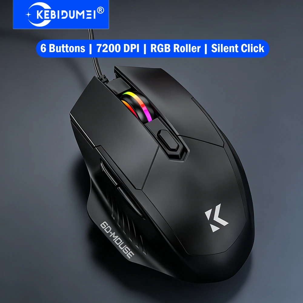 KEBIDUMEI 6 Buttons USB Wired Gaming Mouse 7200DPI 6-Level Adjustable Ergonomic Mouse Plug & Play for Laptop Windows MacOS