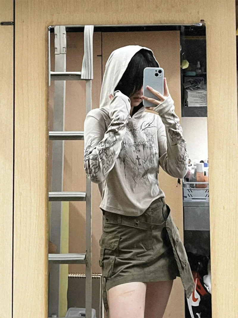 Punk Style Y2k Grunge Vintage Print Long Sleeve Hooded Tops Harajuku Sweatshirt Women Short Length Tshirts Street Fashion Tees