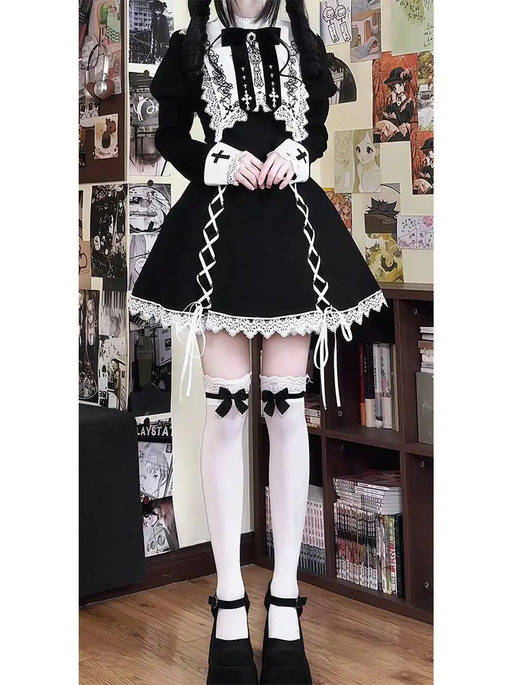 블랙 윈터 로리타 드레스 세트 따뜻한 케이프와 스퀘어 넥 드레스 허리 슬림 고딕 스위트 로리타 의상 우아한 클래식 스타일 세트