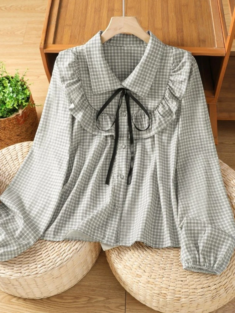 

Женские клетчатые рубашки с бантом в консервативном стиле, осень 2023, свободные топы с лацканами и бантом, завязанные оборками, корейская шикарная универсальная блузка