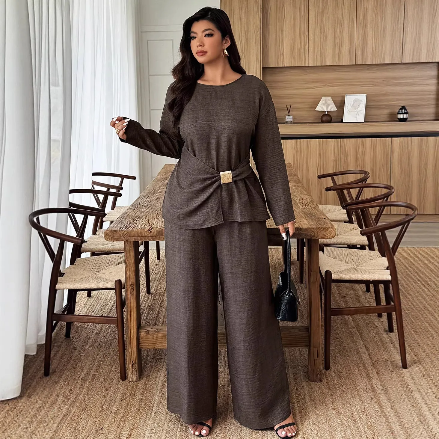 Women's New Brown. Suit Features A Long-sleeved Waist-cinching Round-neck. Top Paired With Straight Wide-leg Pants.