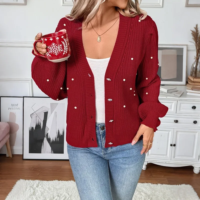 Chic Christmas Sweater Autumn Knitted Cardigan Outwear V-neck Sweet Pearl Embellished Red Sweater Jacket Women Y2K