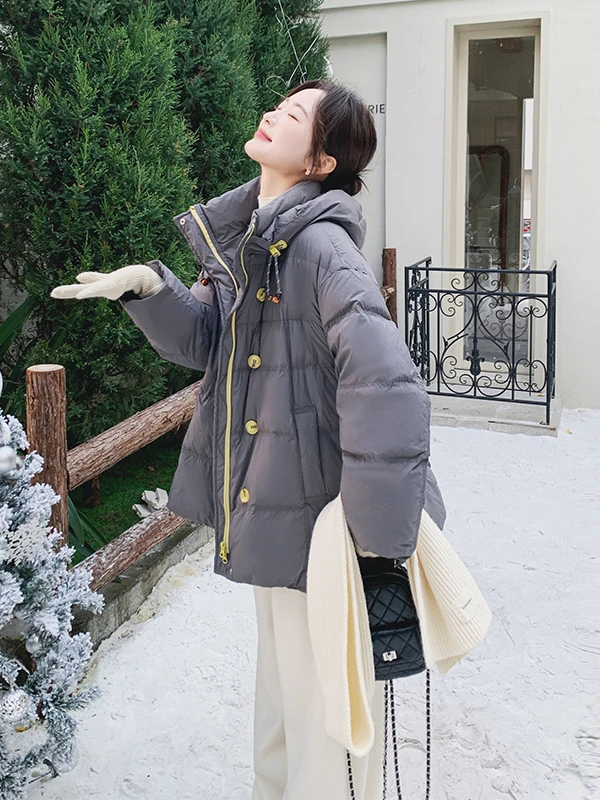 

ay Hooded Warm 90 White Du down Jaet Women's ort Winter Thiened Slimming Outerwear Casual Loose Fit Zipper Closure