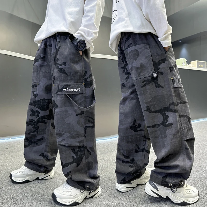 Spring Autumn Style Kids Casual Camouflage Pants For Teenage Boys Cotton Sports Trousers Children Straight Fit Trackpants 5-14T