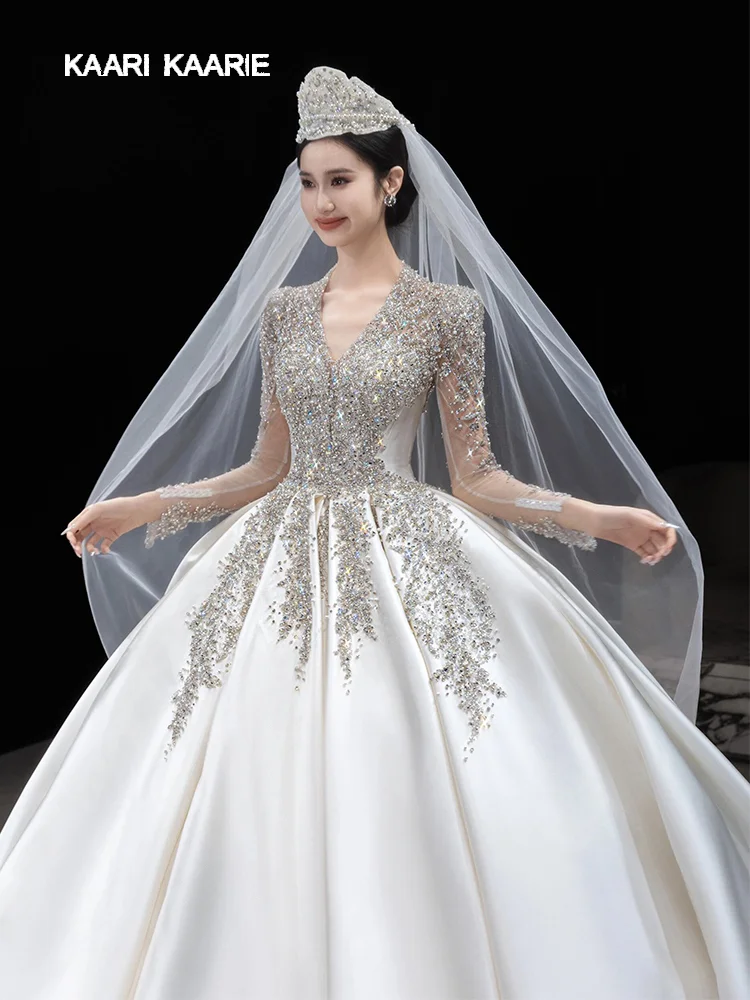 KAARI KAARIE Satin Wedding Dresses Sexy Lace V-Neck Long Sleeves A Swing Trailing Bride Wedding Main Wedding Dress