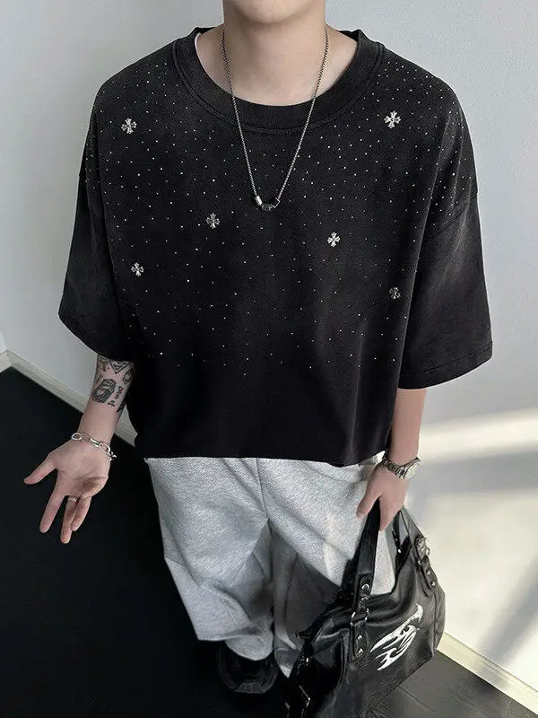 

Casual ort Sve T-irt Men's Summer Trendy Brand Loose Fit Versatile f Sve Top Diamond Design round Ne Cotton 00%