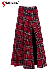 American Retro Style Punk Rock Hot Girl Red Plaid Double Belt Buckle High Waist Split a-Line Long Skirt Women Spring Summer 2024