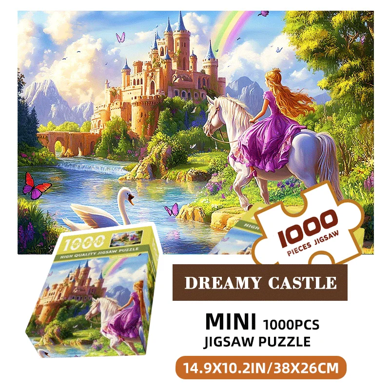 

Mini 1000 Piece Princess Riding Horse in Castle Jigsaw Puzzle - Blue Cardboard Material, 15x10 Inches, Great Gift for Christmas