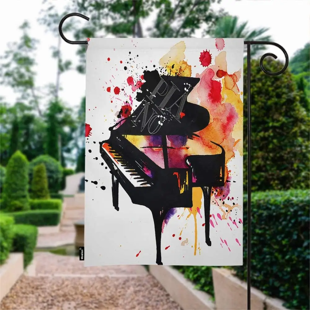 Moslion Piano Garden Flag Watercolor Classical Music Instrument Piano With Splash Doodle Flags Double-Sided Banner Welcome Yard