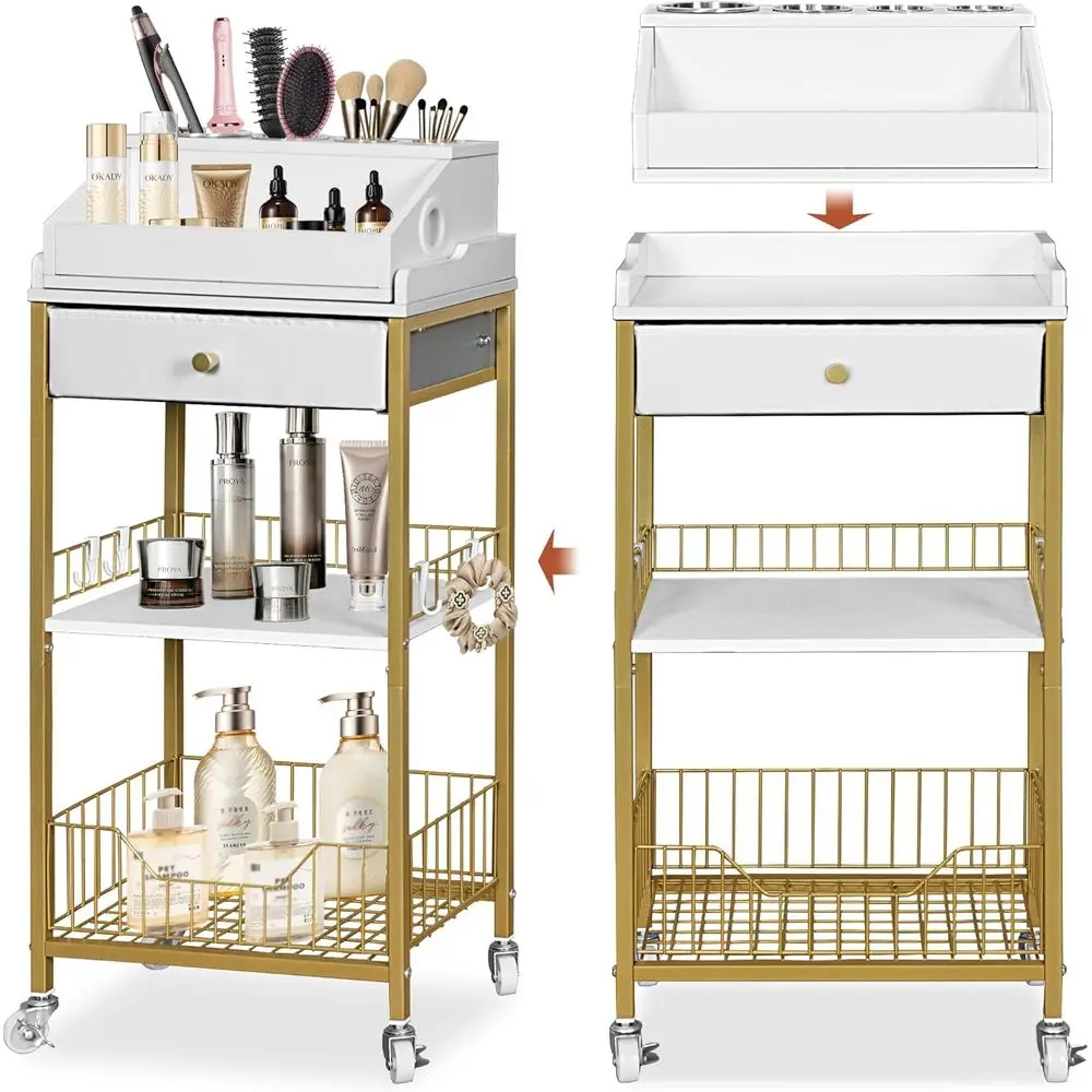

Makeup Organizer Cart with Drawer, 2-in-1 Rolling Organizer Cart with Hair Tool Holder, Vanity Storage for Skincare, Perfume, Na