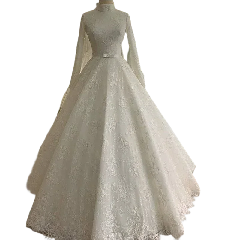 Customized Romantic High Neck Long Sleeves A-Line Muslim Wedding Dresses Sweep Train Real Photo Lace Beaded Bridal Gowns