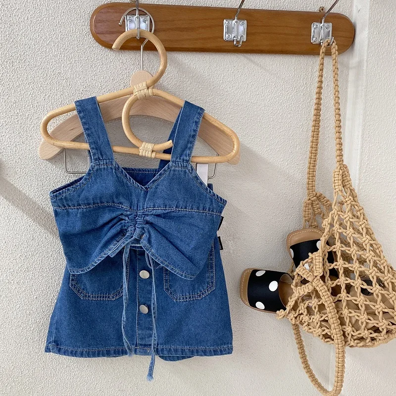 Fashion Baby Girl Denim Clothes Set Strap Vest+Skirt 2PCS Kid Jean Drawing String Crop Top Suit Outfit Baby Clothes 2-10Y