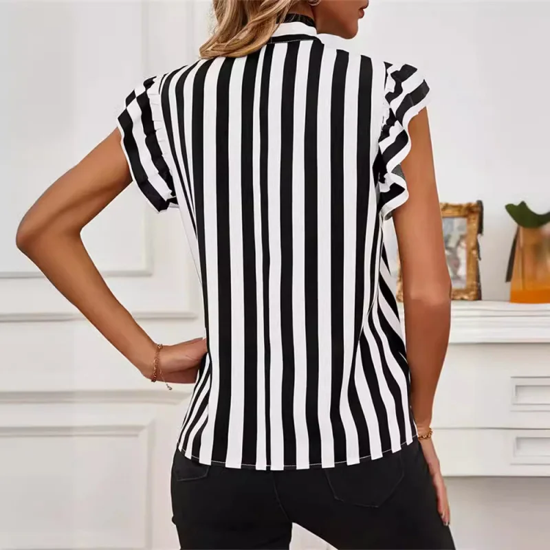 Top da donna a righe con nodo irt e cravatta in vita, orlo a balze, coreano, vestibilità ampia, estate, moda casual