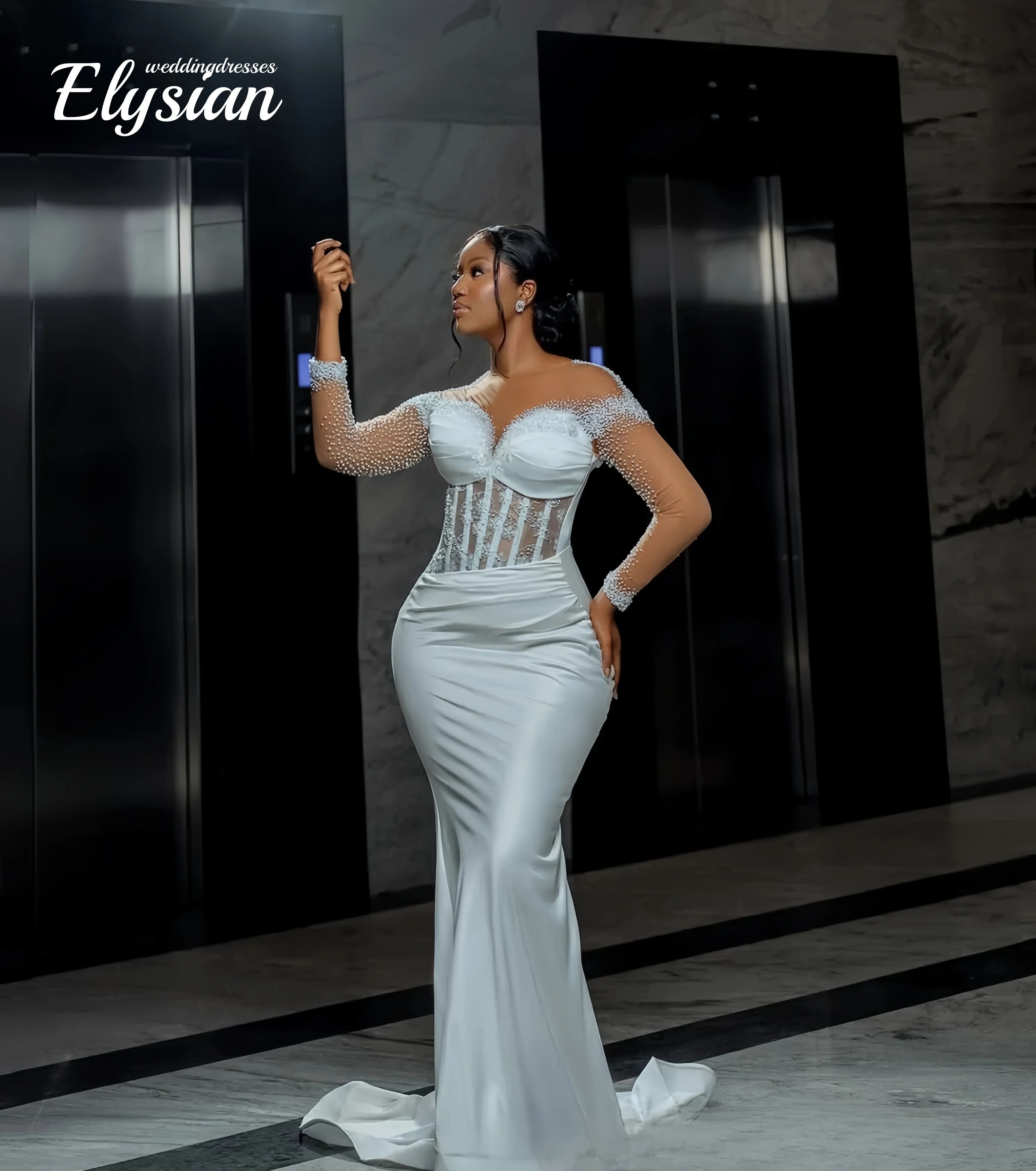 Customized Sheer Neck Shinny Beads Sequins Stunning Wedding Dress  Long Sleeves Vintage Bridal Gowns Vestidos Noivas