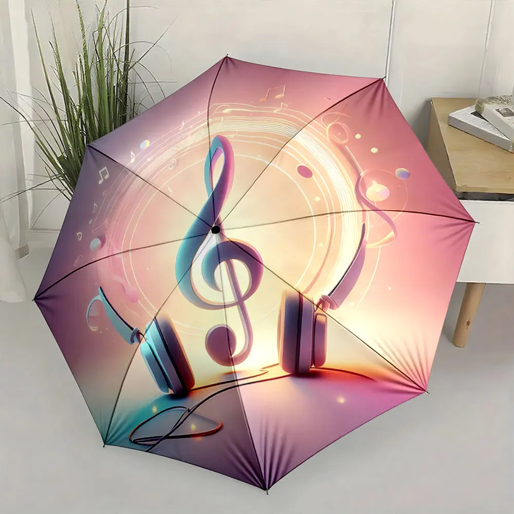 1PC Musical Theme Umbrella featuring Headphones and Notes Print 8 Iron Ribs Folding Umbrella Auto-Open Fashion Sunshade