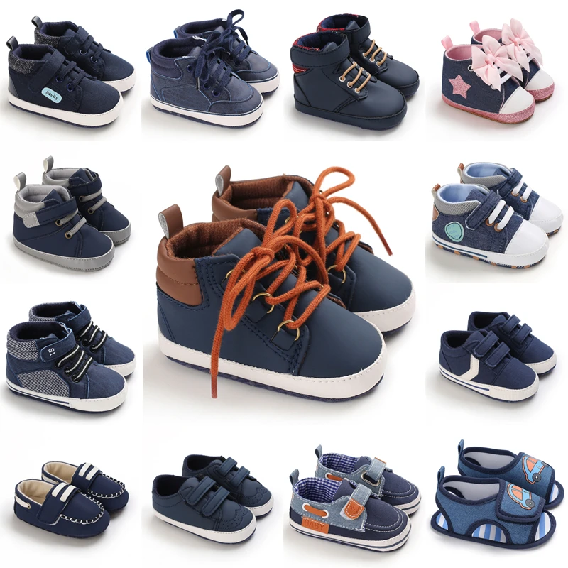 Lucky Blue nouveau-né infantile enfant en bas âge garçon fille décontracté respirant tissu doux bas anti-dérapant en cuir PU premiers marcheurs chaussures en toile