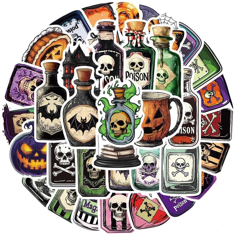 

50PCS Retro Halloween Magic Potion Stickers, Spooky Skull Bat Pumpkin Gothic Vinyl Waterproof Decals for Water Bottles Laptop