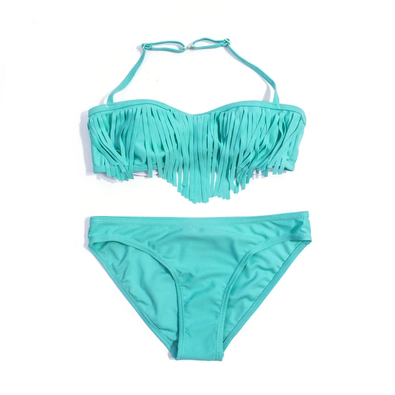 Tassle Solid Halter Girls Kids Bikini Set Summer Beach Cute Teen Kids Swimwear Swimsuit Children Swimming Suit