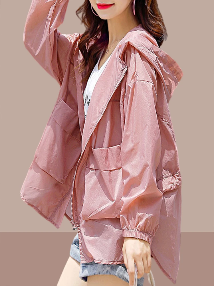 

2024 Summer Women Fashion Solid Color Thin Jacket Female Hooded Loose Casual Coats Ladies Long Sleeve Sunscreen Clothing S67