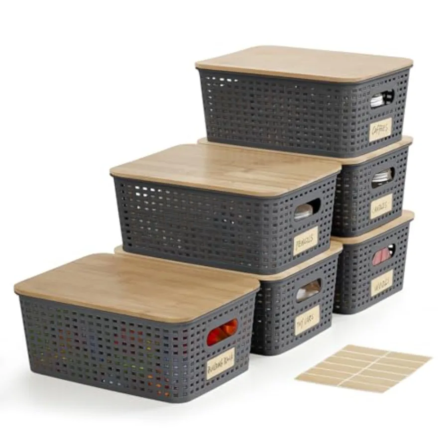 

Small Plastic Storage Bins with Bamboo Lids 5.2qt Stackable Box Basket Pantry Decorative Containers Cute with Label for Organiz