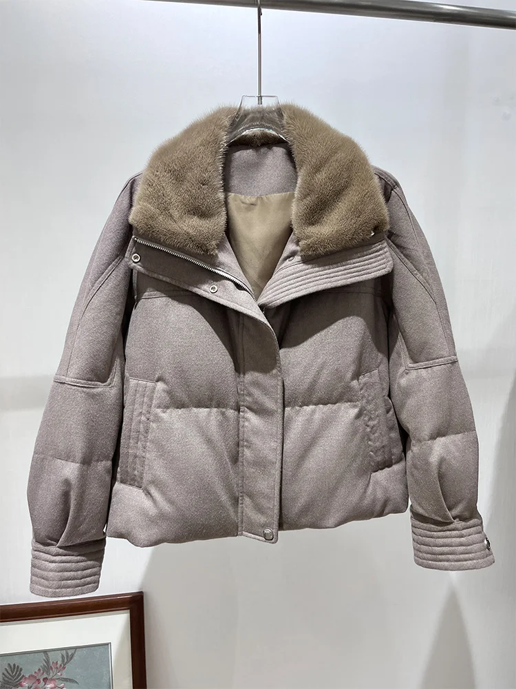 2025 المرأة شتاء دافئ أوزة أسفل سترة ريال فرو منك طوق الكشمير الصوف سترات قصيرة سترات منتفخة الإناث عادية #1