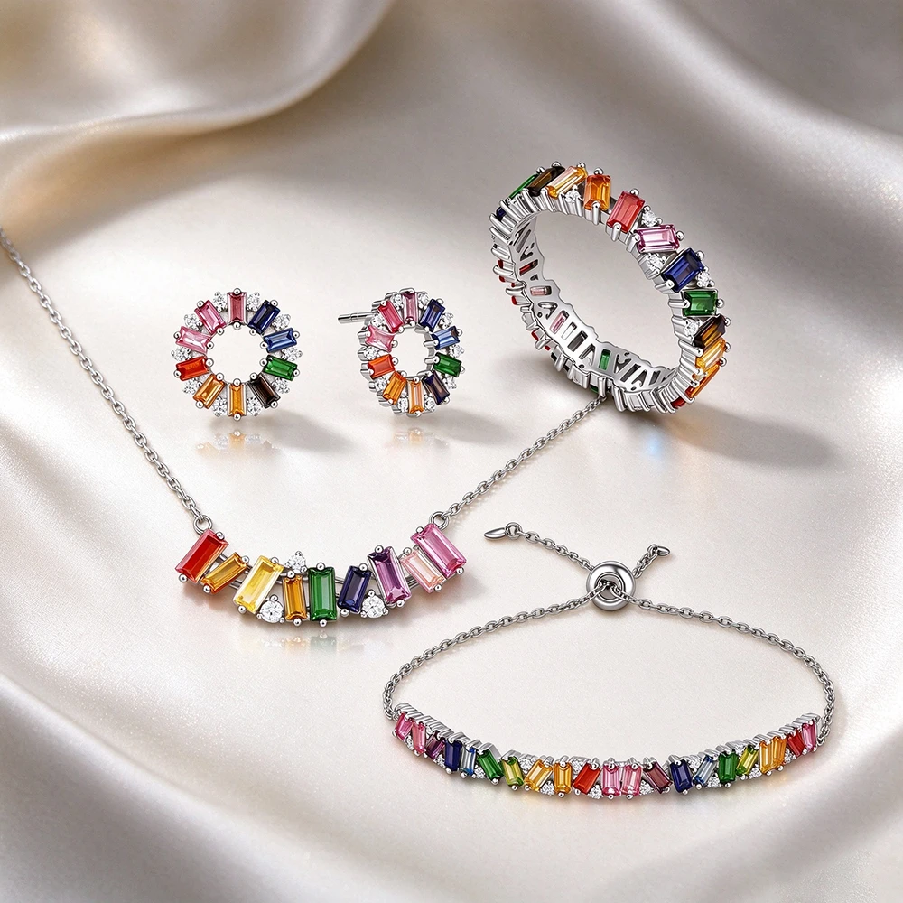 4Pcs Jewelry Set Women Rainbow Baguette Cut CZ Sterling Silver 925 Hollow Ring Earrings Bracelet Necklace Wedding Birthday Gift