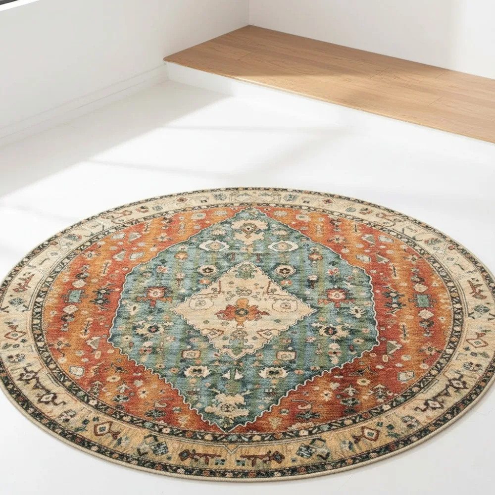 

Washable Non-Slip Round Area Rug 5ft, Boho Tribal Design for Living Room Bedroom Kitchen Entryway