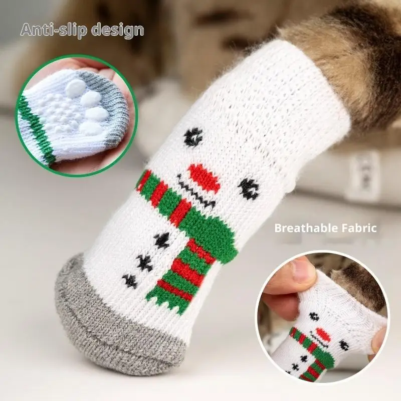 4 unids/set Navidad ciervo muñeco de nieve mascota calcetines tejidos invierno cálido ropa interior Slip On Protector de pata perros pequeños calcetines para gatos zapatos