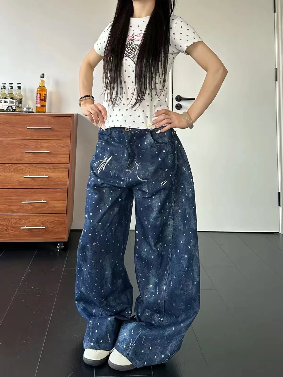 American Style Wide Leg Work Pants High Waist Jeans Loose Fit Floor Length Trousers Pear Shape Body Print Star Design