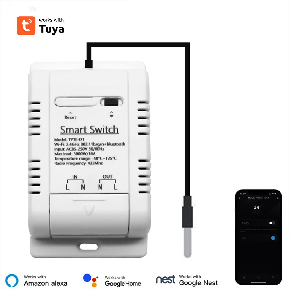 Tuya WiFi Smart Temperature Switch DS18B20 Sensor Single Relay Output Module Wireless Controller Work With Alexa Home